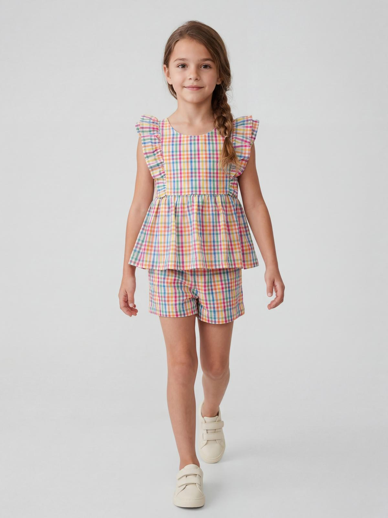 Multicolor Checks Top & Shorts Set