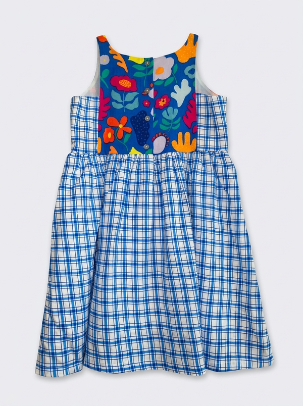 Blue Floral contrast Checks Dress