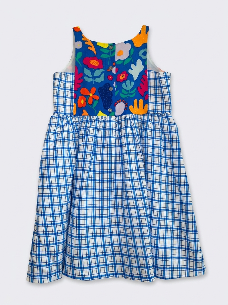 Blue Floral contrast Checks Dress