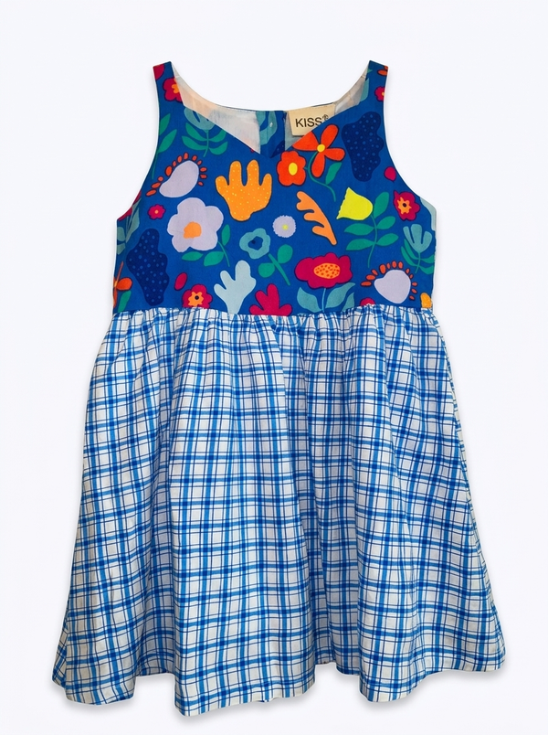 Blue Floral contrast Checks Dress