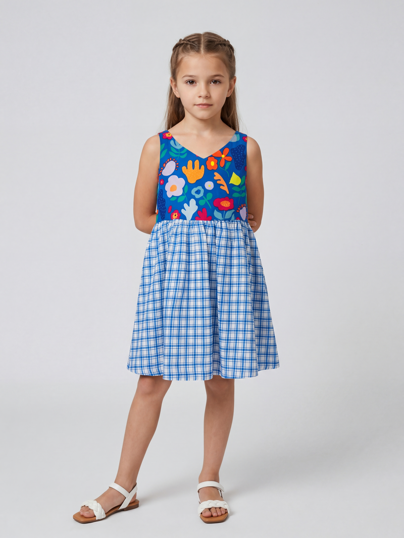 Blue Floral contrast Checks Dress