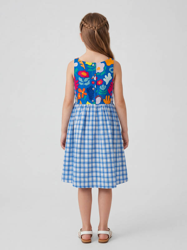 Blue Floral contrast Checks Dress