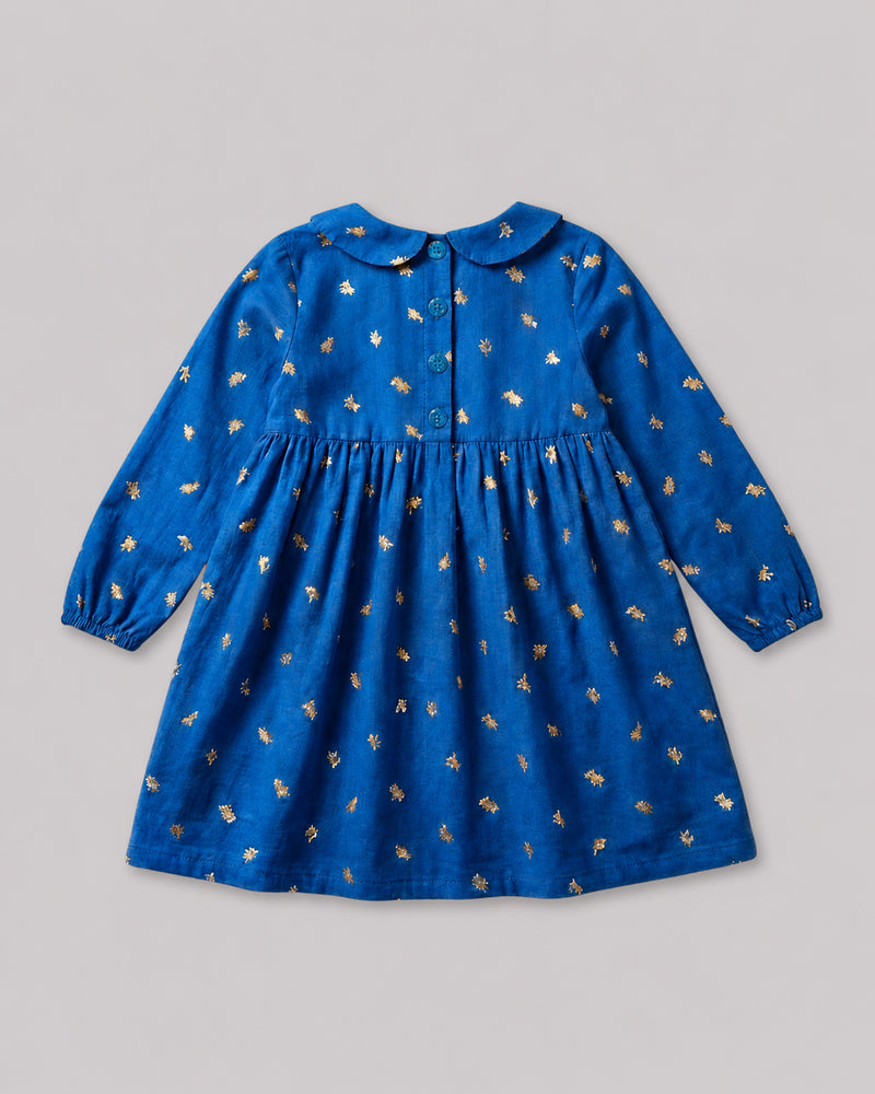 Girls Gold Foil Blue Collar Dress back flat lay, a charming baby girl dresses pick
