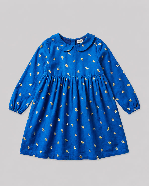 Girls Gold Foil Blue Collar Dress front flat lay, a pretty pick from dresses for girls