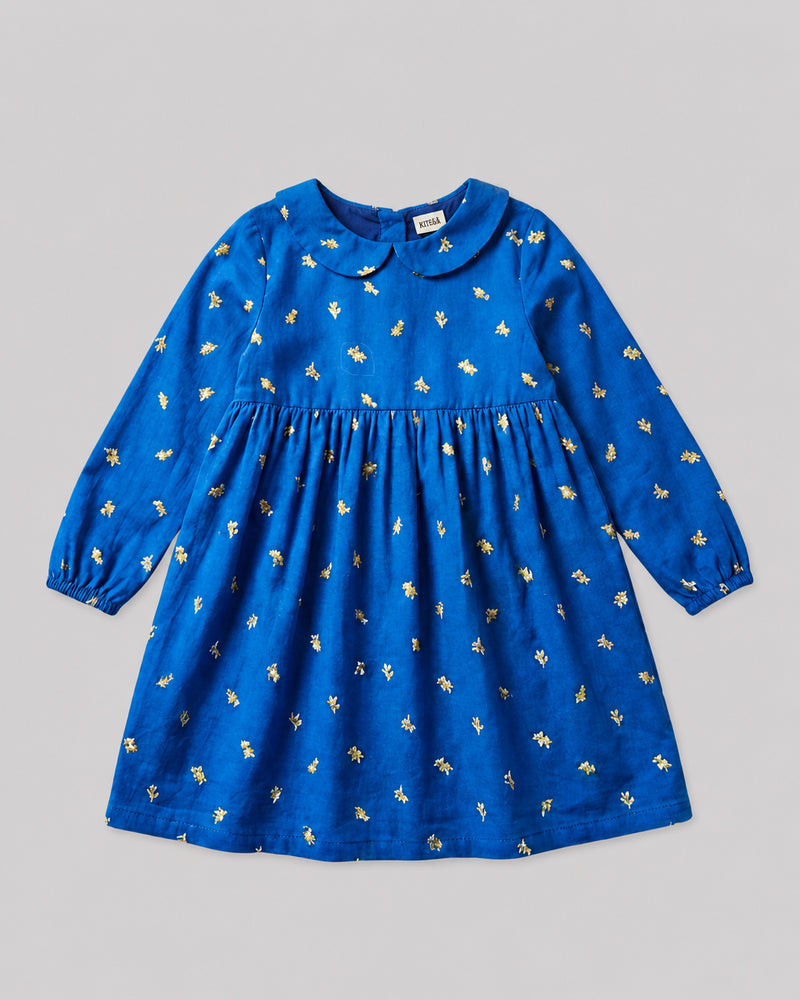 Girls Gold Foil Blue Collar Dress front flat lay, a pretty pick from dresses for girls