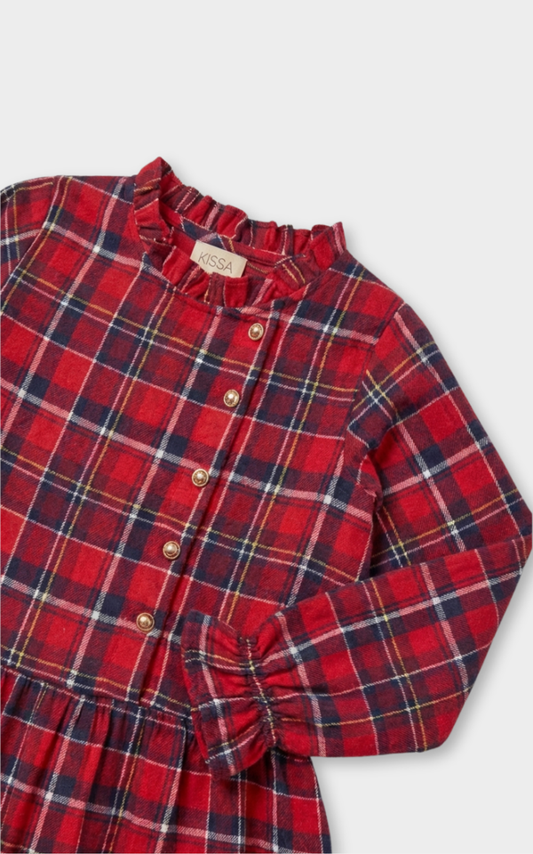 Closeup of ruffled collar and buttons on Girls Red Checks Dress, cute toddler girl dresses