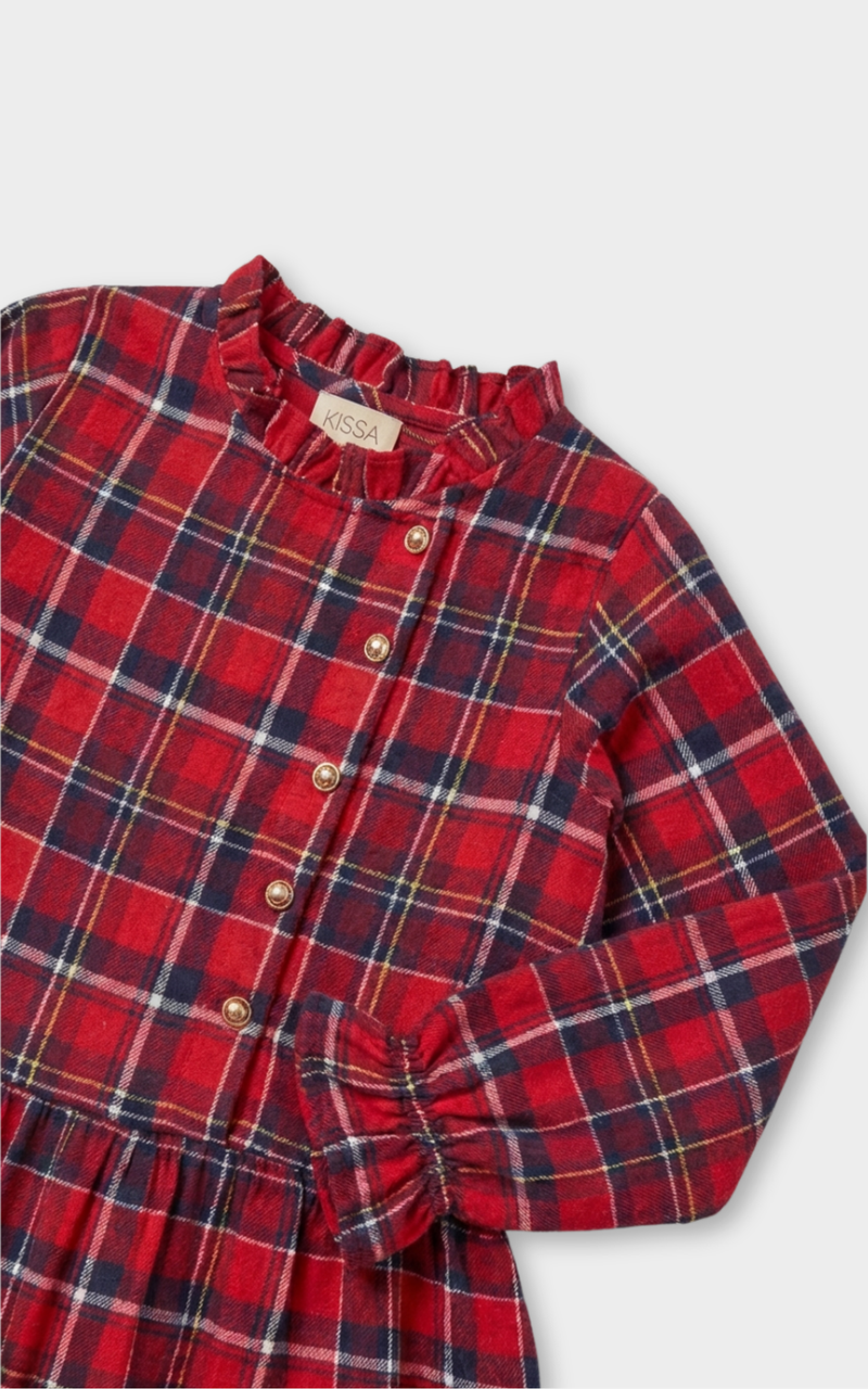 Closeup of ruffled collar and buttons on Girls Red Checks Dress, cute toddler girl dresses