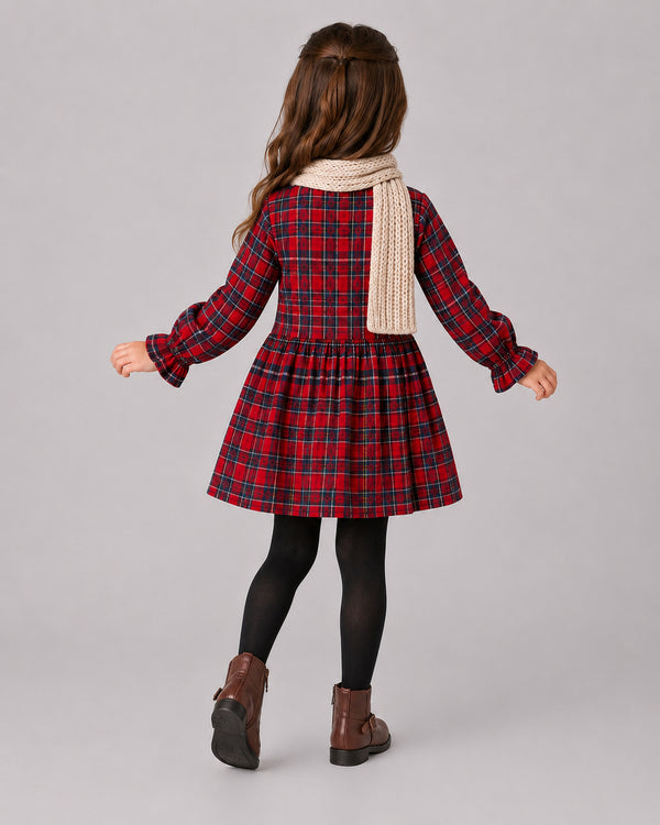 Girl in Red Checks Frill Dress, back view, part of Kissa's girls clothing collection