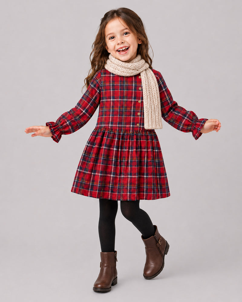 Twirling girl in Red Checks Frill Dress and scarf, a pick from Kissa's girl clothes