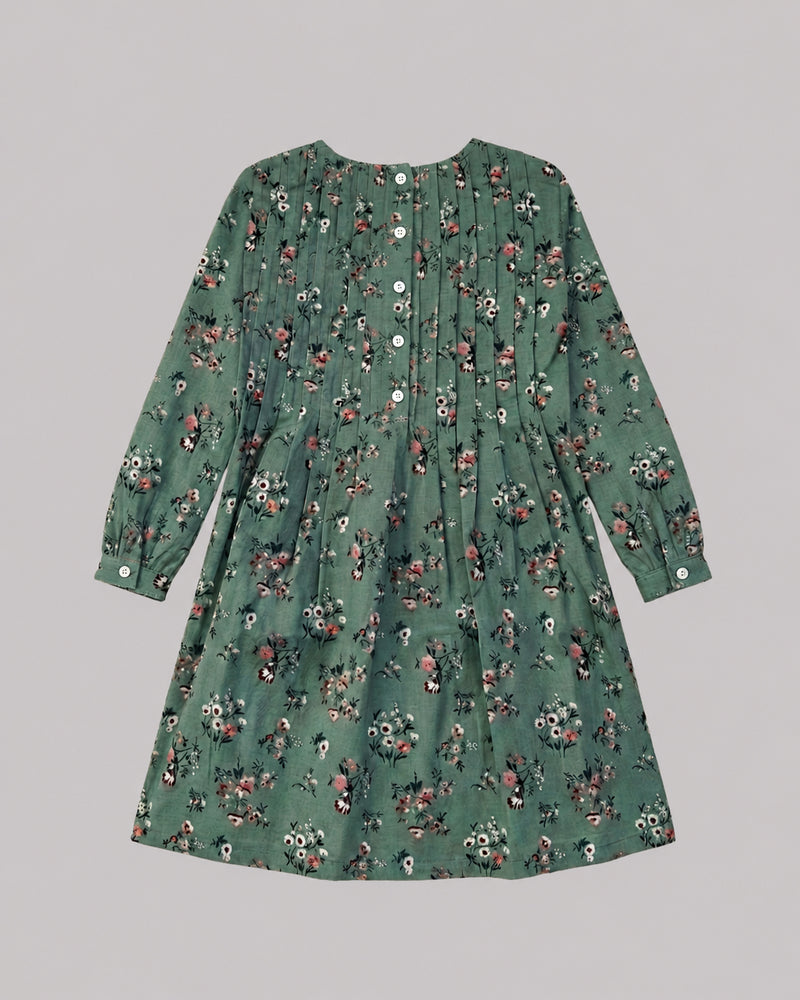 Girls Sea Green Floral Dress back flat lay, a lovely baby girl dresses pick