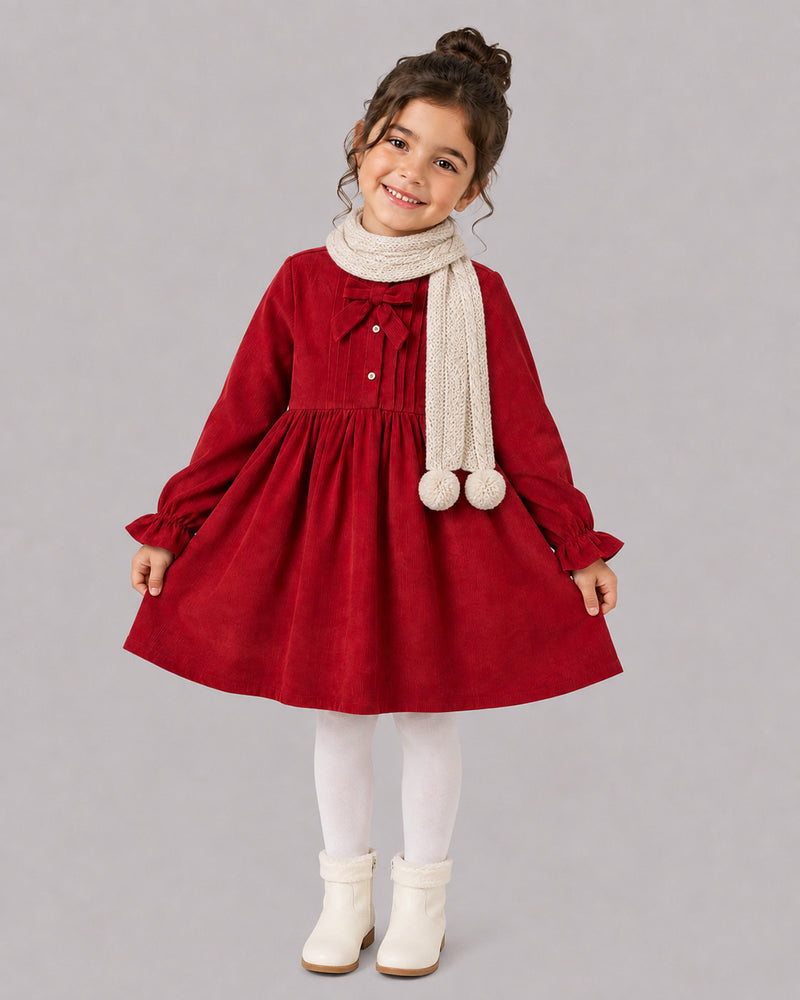 Smiling girl in red corduroy bow dress and knit scarf, a sweet baby girl dresses pick