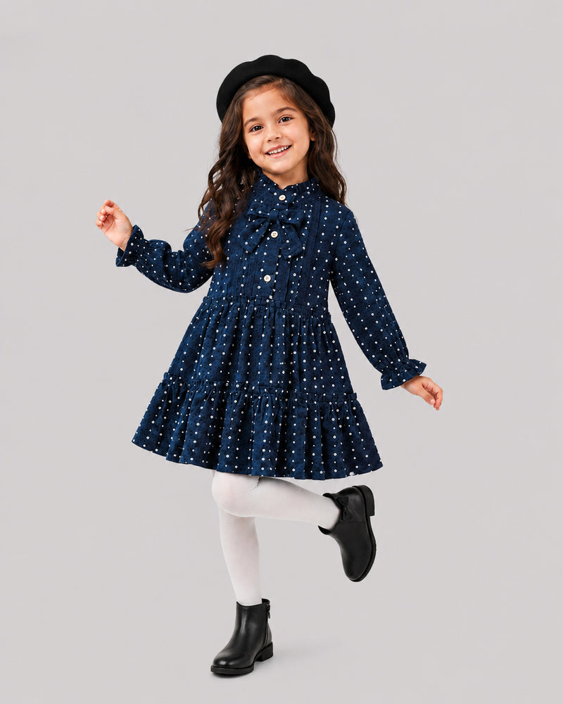 Smiling girl twirling in navy dotted dress and beret, a sweet baby girl dresses choice