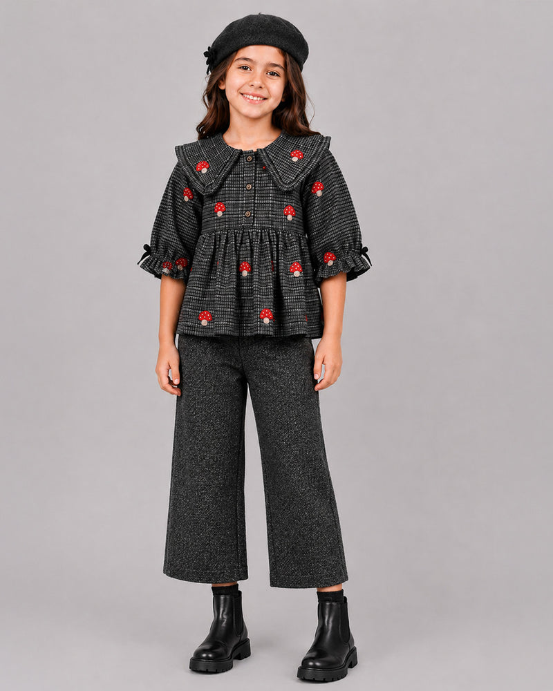 Grey Houndstooth Mushroom Girls Top