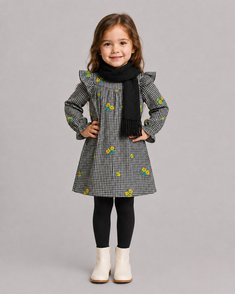 Smiling girl in black and white check floral dress with scarf, a comfy smock dress silhouette