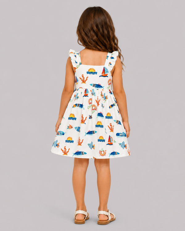 White Ocean Print Dress