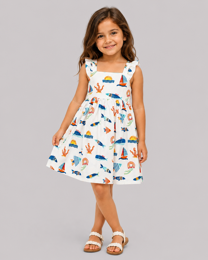 White Ocean Print Dress