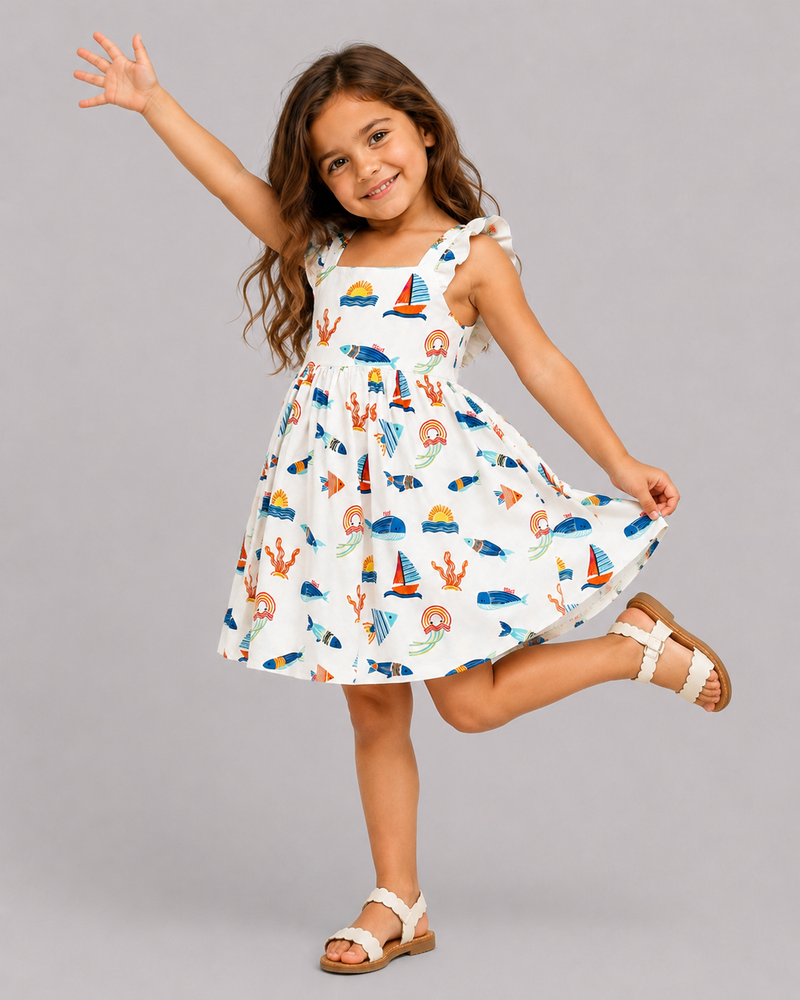 White Ocean Print Dress