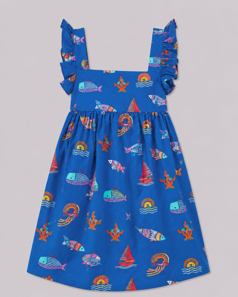 Ocean themed dress for girls, blue with fish, coral, and sailboat print, ruffle straps