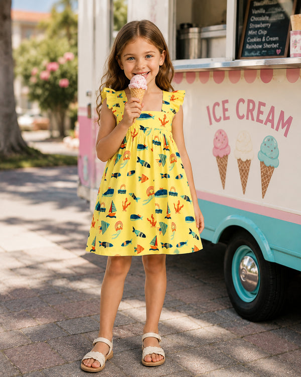 Young girl wearing a yellow ocean themed dress from Kissa Ocean Collection