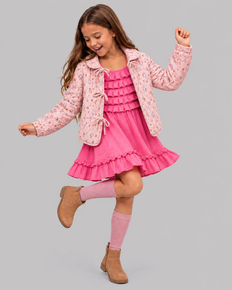 Girls Cotton Pink Tiered Ruffle Strappy Dress