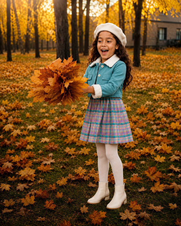 Girl playing with fall leaves in teal sherpa-collar jacket and plaid dress, a fun coats for kids find