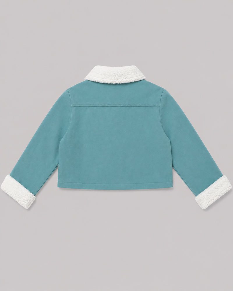 Back view of teal fleece jacket with cream sherpa collar and cuffs, from Kissa's coats and jackets range