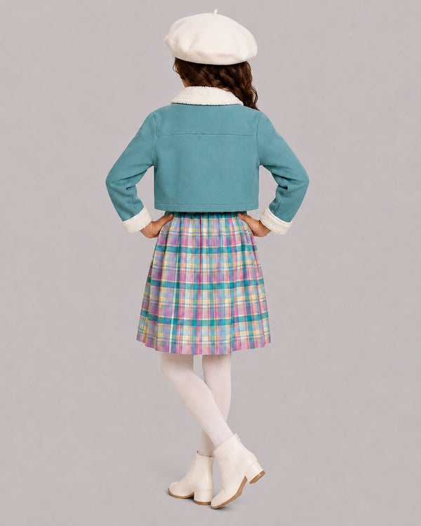 Girl in teal sherpa-trim jacket and plaid dress, a cute pick among girls coats from behind
