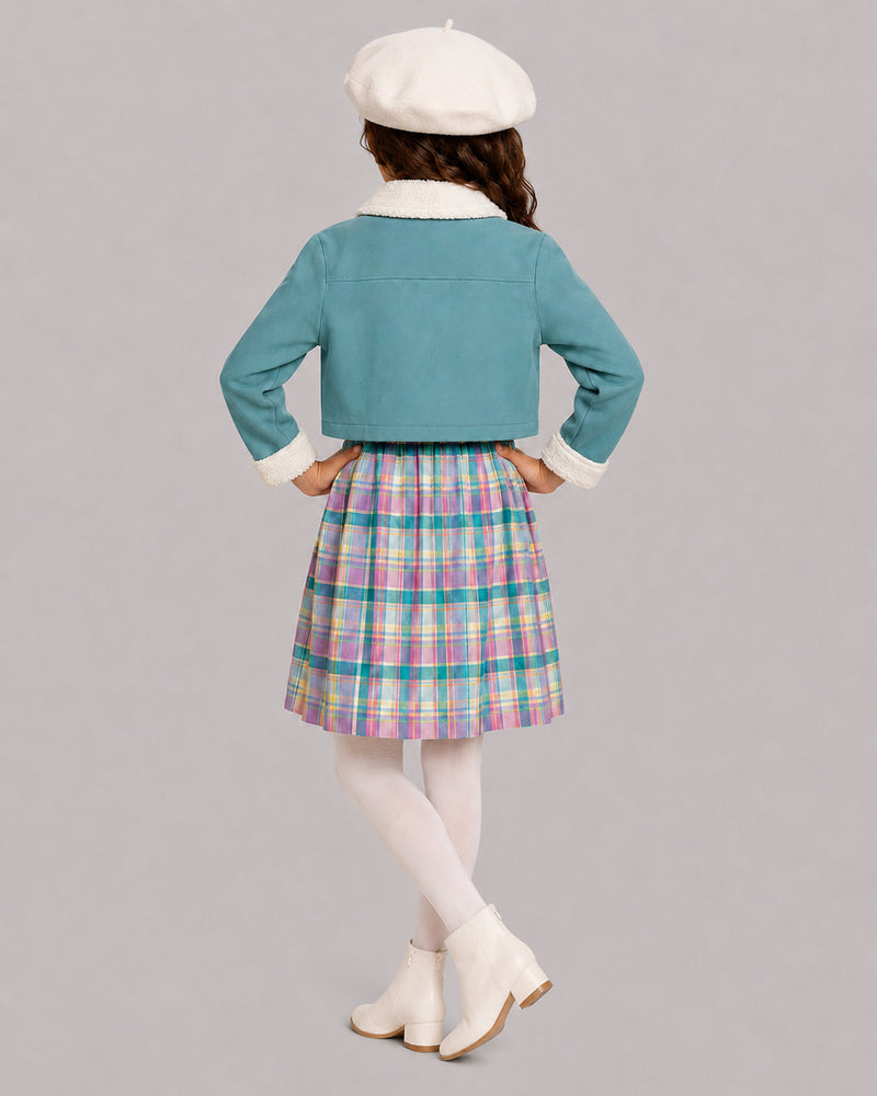 Girl in teal sherpa-trim jacket and plaid dress, a cute pick among girls coats from behind