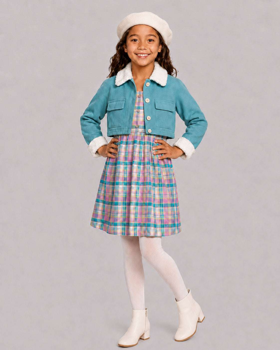 Smiling girl in teal fleece jacket and plaid dress, a warm girls winter coats style
