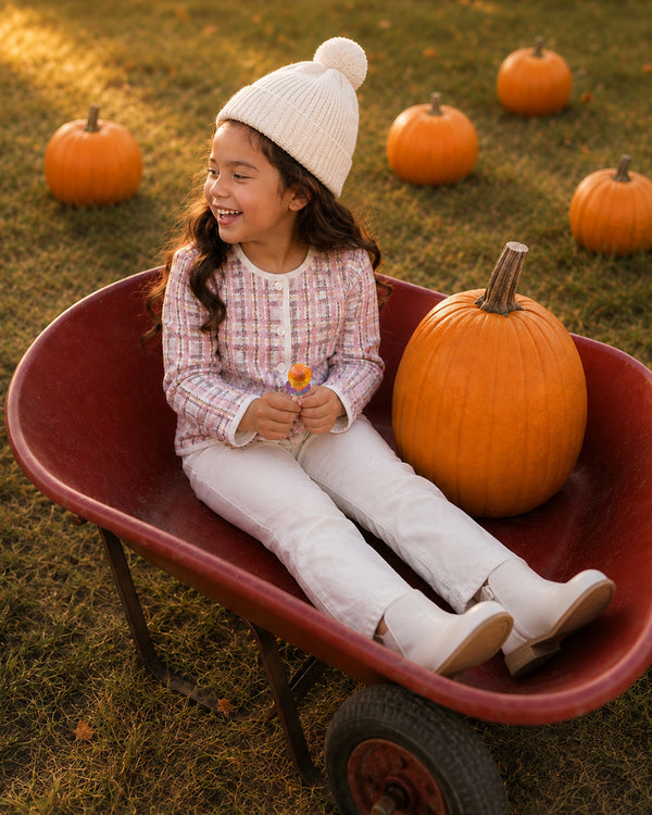 Girl laughing in a wheelbarrow at a pumpkin patch, wearing pink tweed jacket - coats for kids pick