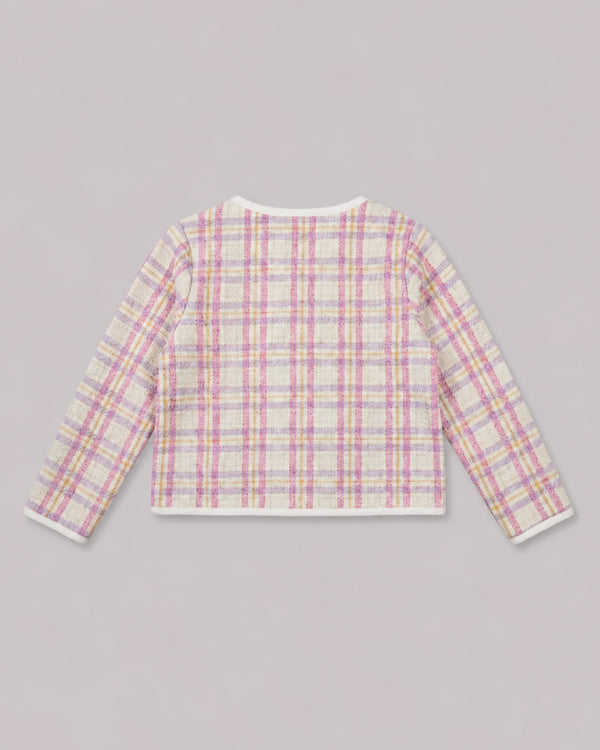 Back view of pink and lilac tweed plaid jacket with cream trim, from Kissa's coats and jackets edit