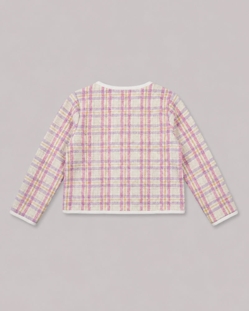 Back view of pink and lilac tweed plaid jacket with cream trim, from Kissa's coats and jackets edit