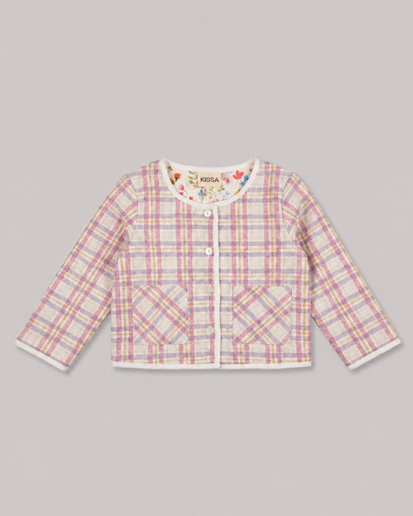 Flat lay of pink tweed plaid jacket with patch pockets and pearl buttons, a classic girls jacket