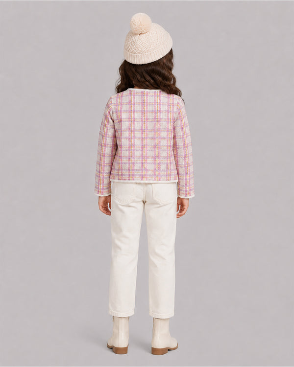 Girl in pink tweed plaid jacket and cream pom hat, a cozy pick among girls coats from behind