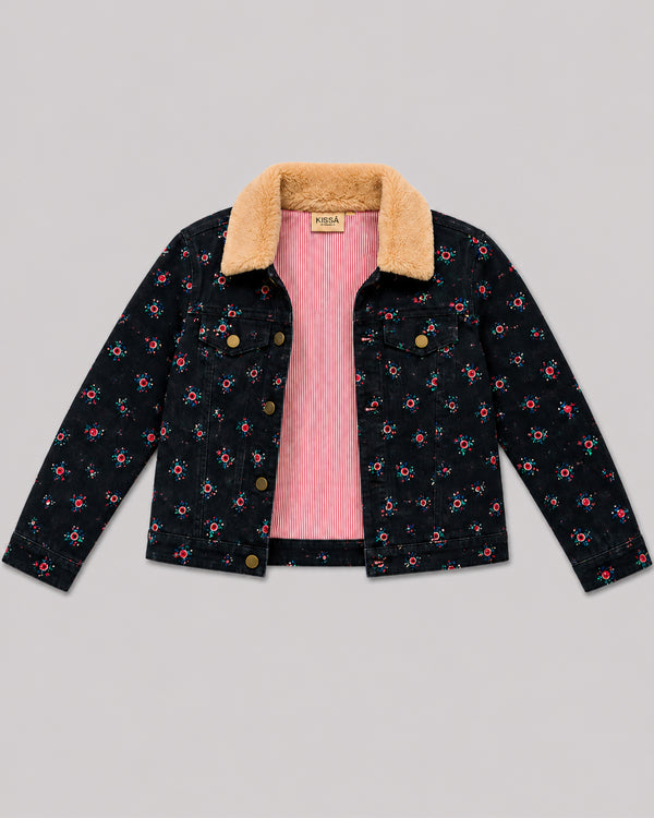 Open flat lay of navy floral jacket with striped lining, part of Kissa's coats and jackets range