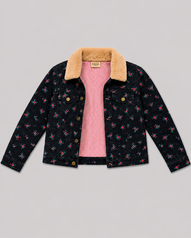 Open flat lay of navy floral jacket with striped lining, part of Kissa's coats and jackets range
