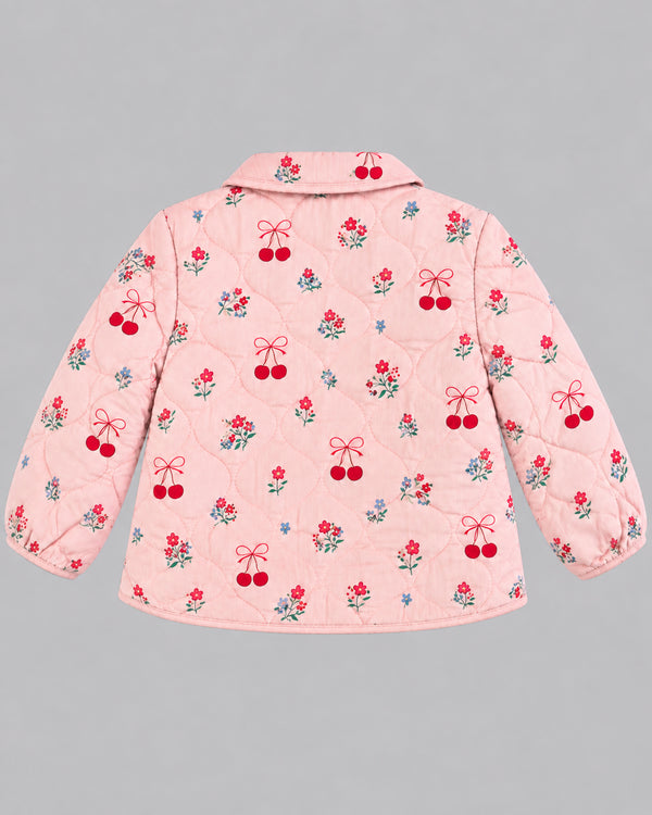 Back view of blush pink quilted jacket with cherry and floral print, from Kissa's coats and jackets edit