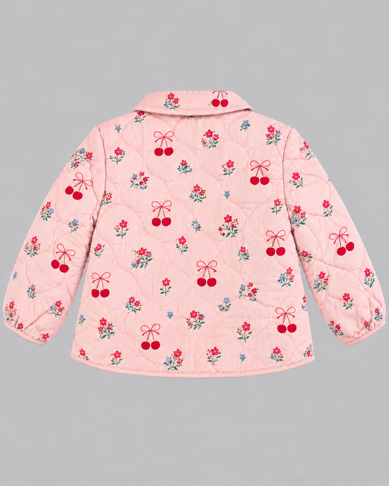 Back view of blush pink quilted jacket with cherry and floral print, from Kissa's coats and jackets edit
