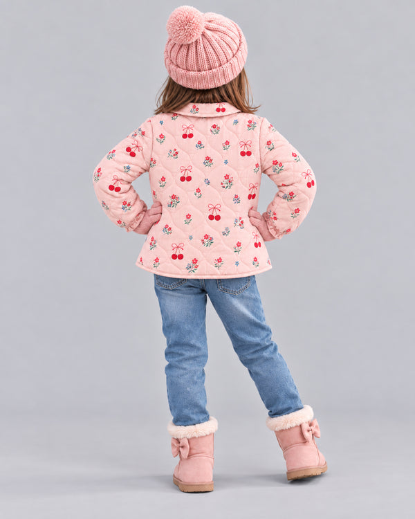Girl in pink pom-pom hat wearing cherry print quilted jacket, cozy girls winter coats from behind