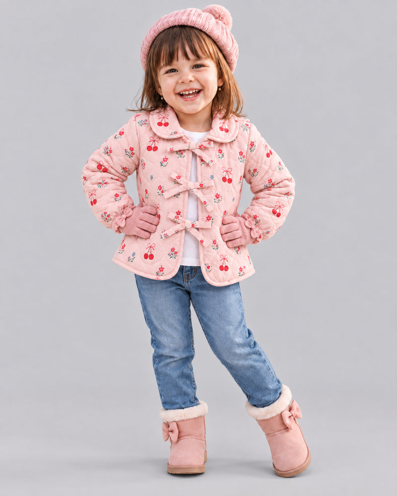 Smiling toddler in pink cherry print jacket, pom hat, and gloves, one of Kissa's cute girls coats
