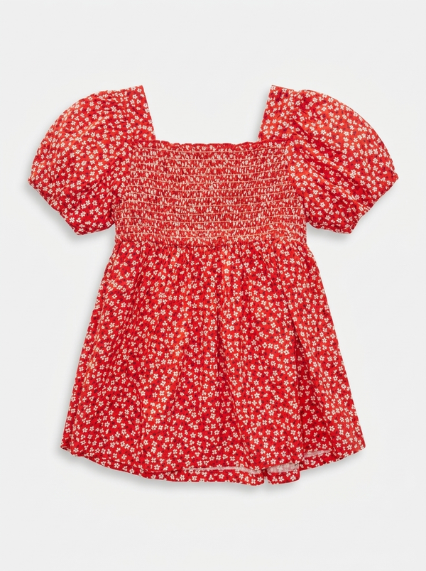 Red Smocked Puff-Sleeve Floral Top