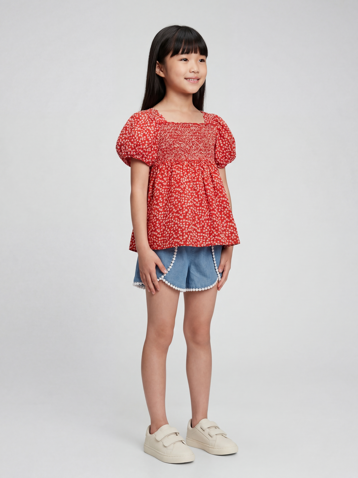Red Smocked Puff-Sleeve Floral Top