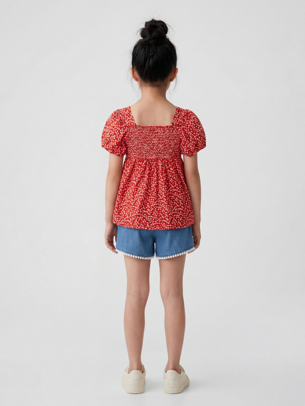 Red Smocked Puff-Sleeve Floral Top