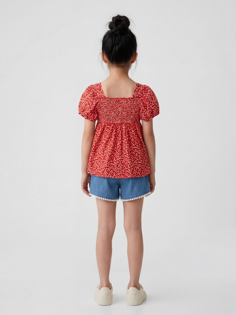 Red Smocked Puff-Sleeve Floral Top