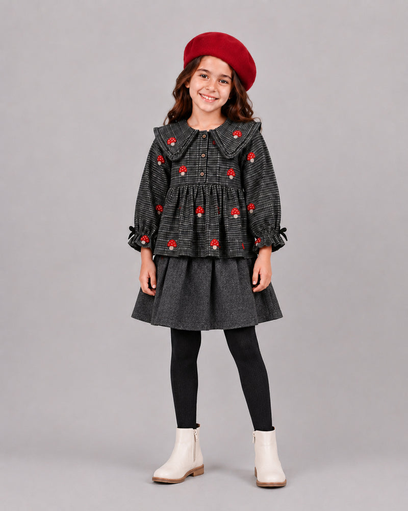 Smiling girl in grey houndstooth mushroom top and skirt, red beret - girls clothing outfit