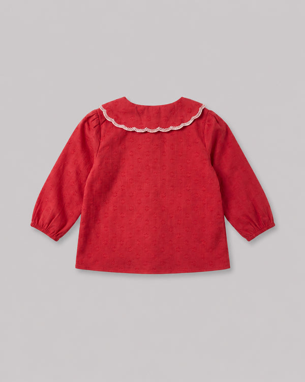 Back view of Red Embroidered Collar Girls Top showing scalloped lace trim and balloon sleeves