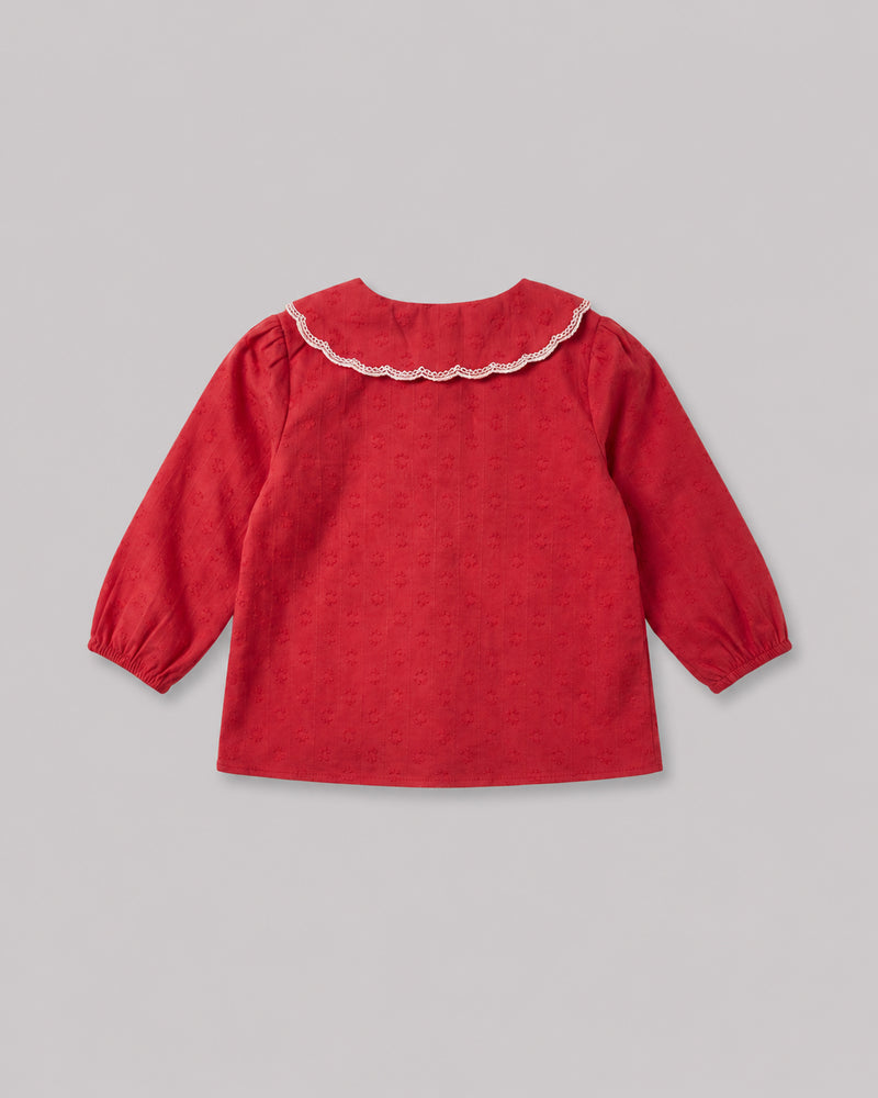 Back view of Red Embroidered Collar Girls Top showing scalloped lace trim and balloon sleeves