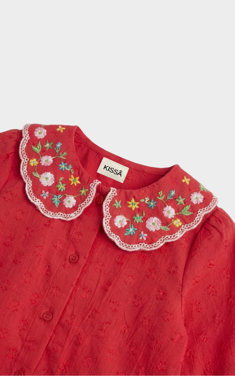 Close-up detail of Red Embroidered Collar Girls Top featuring hand-stitched floral double collar with crochet edging