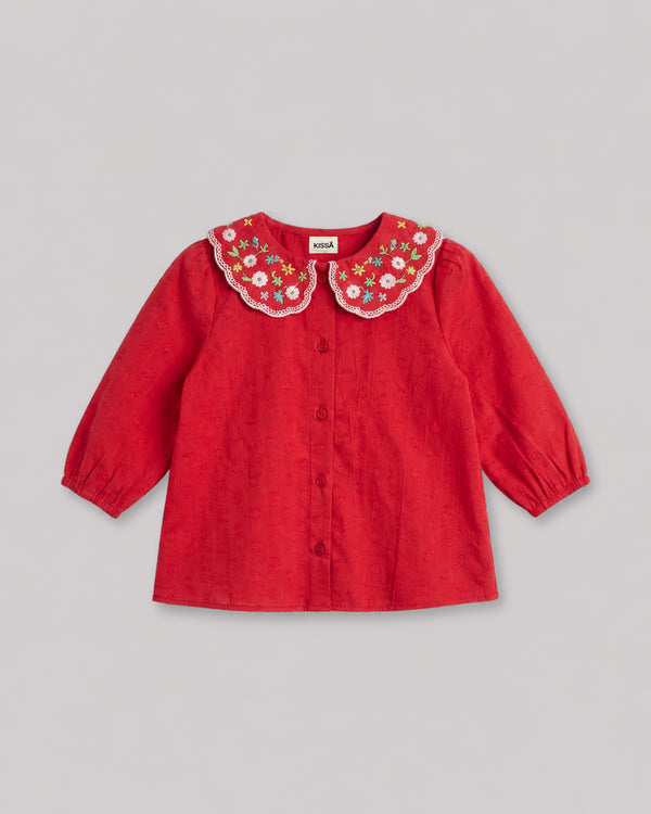Red Embroidered Collar Girls Top, long-sleeve cotton blouse with floral Peter Pan collar, front product flat lay