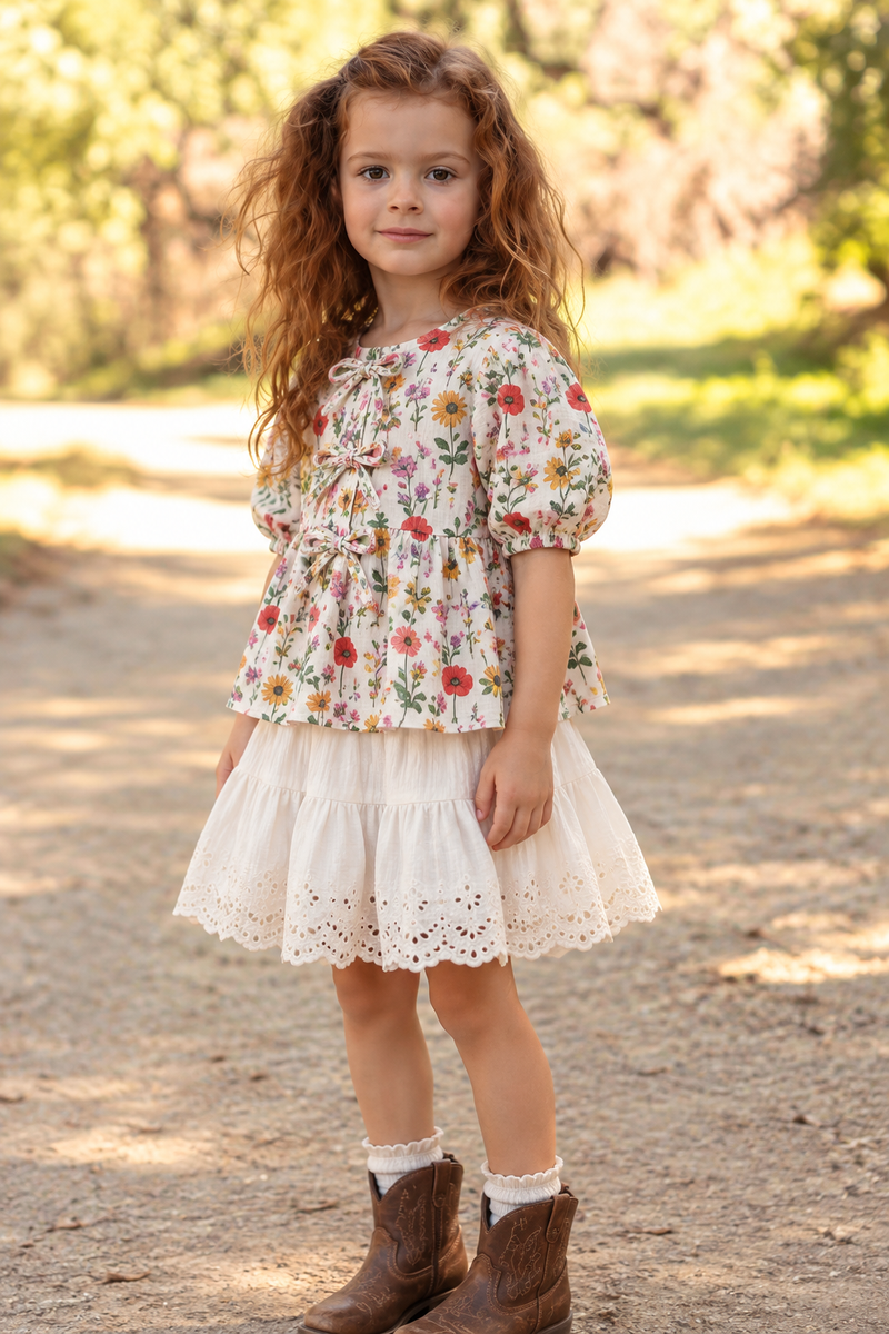 Girls Floral Printed Bow Top